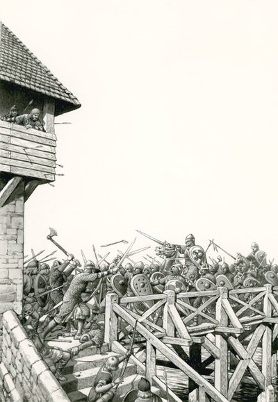 Normanské dobývání: vojska postupující k Temži (kvaš na papíře) od Pat (1907-95) Nicolle