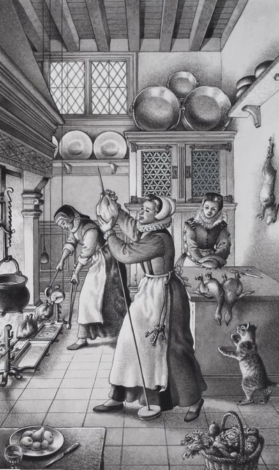 Küche des sechzehnten Jahrhunderts von Pat (1907-95) Nicolle