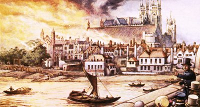 Die alten Parlamentsgebäude werden 1834 durch Feuer zerstört von Pat (1907-95) Nicolle