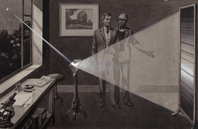 Das Licht eines Sterns trifft auf ein Prisma und spaltet sich in einen Regenbogen von Farben von Pat (1907-95) Nicolle