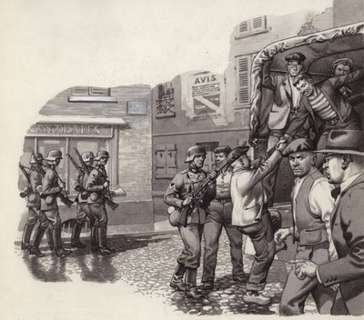 Ein deutscher Soldat hilft Gefangenen, aus einem Lastwagen zu fliehen von Pat (1907-95) Nicolle