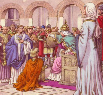 Brunehilda, Königin der Burgunder, vertreibt Columbanus von Pat (1907-95) Nicolle