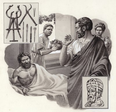 Lékař Galén riskuje život, když římskému císaři říká, že se přejídá (kvaš na papíře) od Pat (1907-95) Nicolle