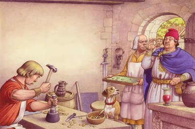 König Offa untersucht Münzen, die in der königlichen Münzstätte von Mercia hergestellt wurden von Pat (1907-95) Nicolle