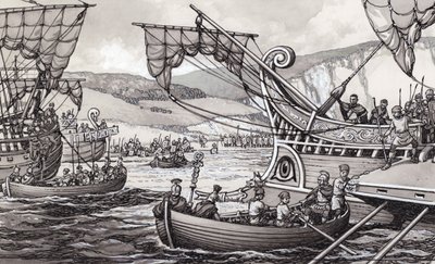 Die Römer erobern England im Jahr 55 v. Chr. unter Julius Caesar von Pat (1907-95) Nicolle