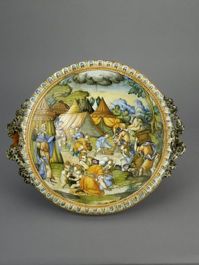 Pánev se shromážděním Manny, pravděpodobně Urbino, kolem 1600-20 (maiolica) od Patanazzi Workshop