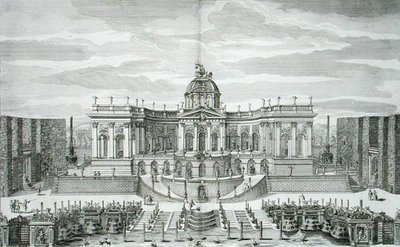 Velká jeskyně a fontánová zahrada v Princely Pleasure Palace and Gardens, Berlín, rytina Johanna Augusta Corvina (1683-1738), publikováno kolem 1711-16 (rytina) od Paul Decker