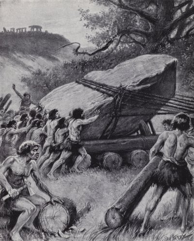 Paleolitičtí muži pohybující obří desku skály na kolech (litho) od Paul (after) Hardy