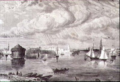 New York Harbor v 60. letech 19. století (rytina) od Paul (after) Huet