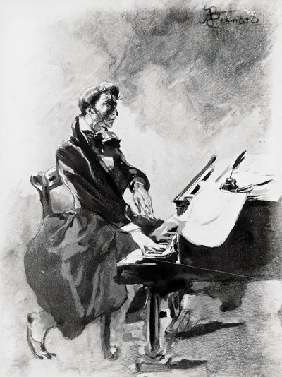 Skladatel a pianista Frederic Chopin hrající na klavír, od Alberta Besnarda (1849-1934), akvarel od Paul Albert Besnard