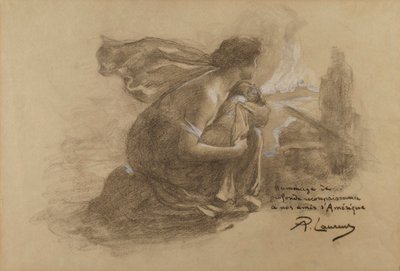Matka a dítě a hořící vesnice od Paul Albert Laurens