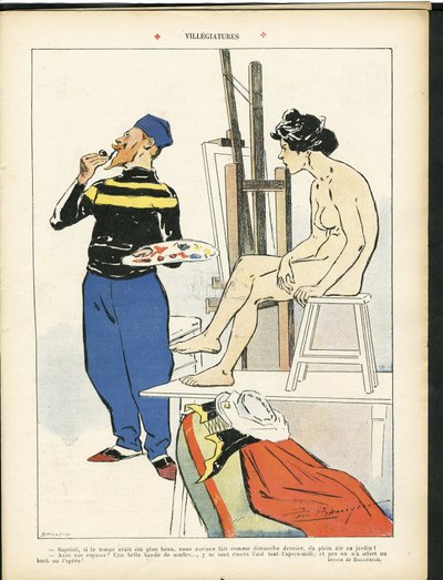 Ilustrace Paul Balluriau (1860-1917) v Le Rire, 3.8.2007 - Villegiatures - Art - Malíři, model (který pózuje) od Paul Balluriau