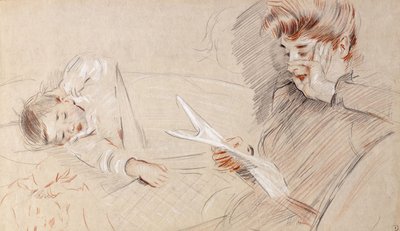 Madame Helleu Readingová s Paulette ležící vedle ní na pohovce, od Paul Cesar Helleu