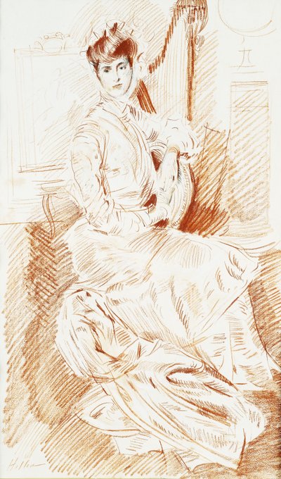 Madame Helleu sedící u harfy, od Paul Cesar Helleu