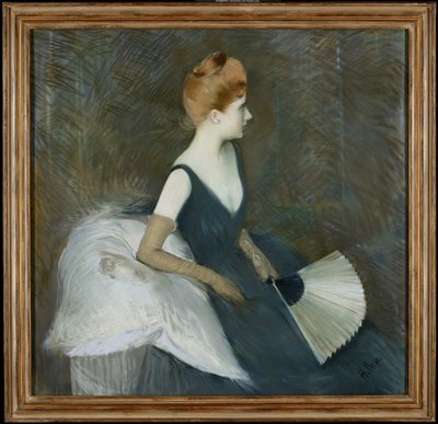 Madame Marthe Letellier sedí na pohovce, drží ventilátor, kolem roku 1895 (pastel na plátně) od Paul Cesar Helleu