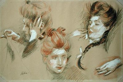 Studie žen (červená a černá křída zvýrazněná bílou na papíře) od Paul Cesar Helleu