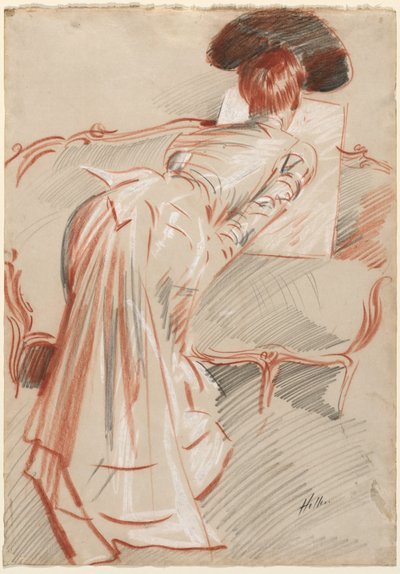 Žena (pravděpodobně paní Alice Hellu), která se dívá na kresbu, asi 1895 (černá, červená a bílá křída) od Paul Cesar Helleu
