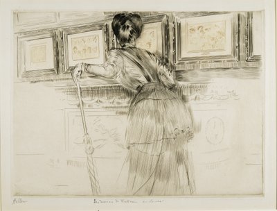 Žena při pohledu na kresby Watteau v Louvru, c. 1895 od Paul Cesar Helleu