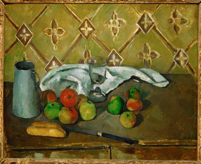 Ovoce, ubrousek a džbán mléka od Paul Cézanne