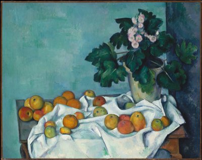Zátiší s jablky a květináčem prvosenek od Paul Cézanne