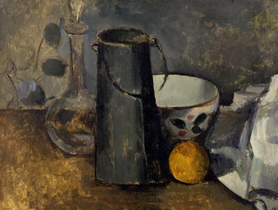 Zátiší s karafou, plechovkou od mléka, miskou a pomerančem od Paul Cézanne