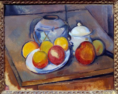 Váza sláma, cukřenka a jablka Malba Paula Cezanna od Paul Cézanne