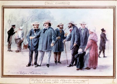 Francouzský spisovatel Honore de Balzac (1799-1850) a jeho přátelé se převlékají za rolníky ve městě Avray v roce 1840. Akvarel maloval po paměti Paul Chardin (1833-?) od Paul Chardin