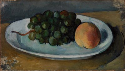 Hrozny a broskev na talíři od Paul Cézanne
