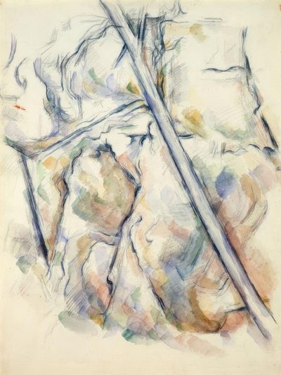 Borovice a skály poblíž jeskyní nad Château-Noir od Paul Cézanne