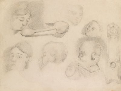 Studie dětské hlavy, ženské hlavy, lžíce a hodin s dlouhým pouzdrem, c1872 od Paul Cézanne