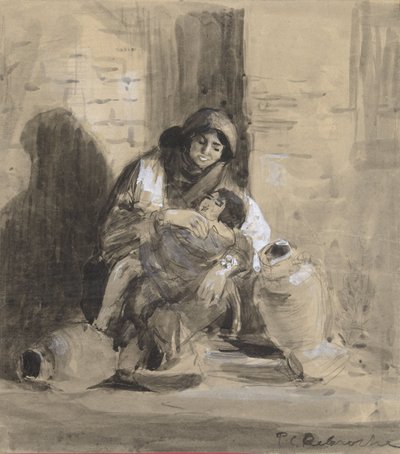 Sedící židovská žena z Gazy s dítětem a dvěma velkými džbány od Paul Delaroche
