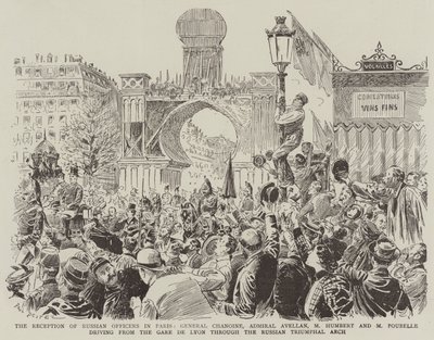 Přijetí ruských důstojníků v Paříži, generál Chanoine, admirál Avellan, M. Humbert a M. Poubelle jedou z Gare de Lyon přes ruský vítězný oblouk. od Paul Destez