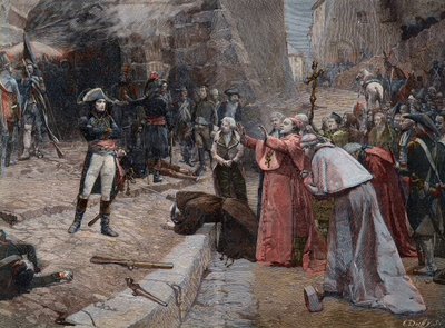 Obléhání Pavie z obrazu Boutignyho - První koalice: povstání obyvatel Pavie (Itálie) proti francouzským vojskům Napoleona ve dnech 23. a 24. dubna 1796 během prvního italského tažení (1796-1797) po obraze Paula- Emile Bouti od Paul Émile Boutigny