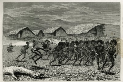 Sestup válečníků Papus Arfaks v Dorey (Nová Západní Guinea), rytina E.Mesplese, pro ilustraci cesty na Novou Guineu od Achille Raffraye, pověřeného vědeckou misí ministerstva veřejného školství, v letech 1876-1877, publikovaná v r. prohlídka d od Paul Eugene (after) Mesples