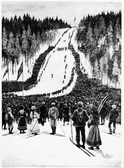Lyže: Norské derby, lyžařský závod - kresba Paula Fishera, únor 1900, Bibl. des Arts Deco. od Paul Fischer