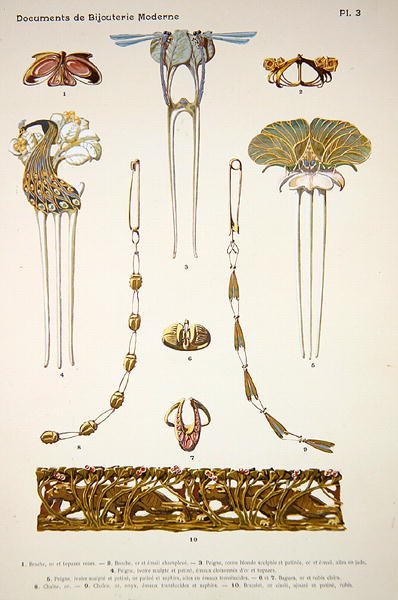 Návrhy šperků, deska 3 z „Documents de Bijouterie et Orfeverie modernes“, vydané Henri Laurens, Paříž, kolem roku 1900 (tónovaný chromolitho) od Paul Follet