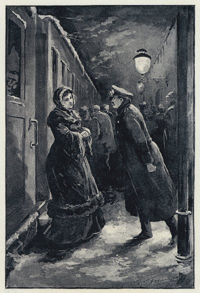 Ilustrace pro Annu Kareninu: Vronskij se setkává s Annou na nádraží (litho) od Paul Frenzeny