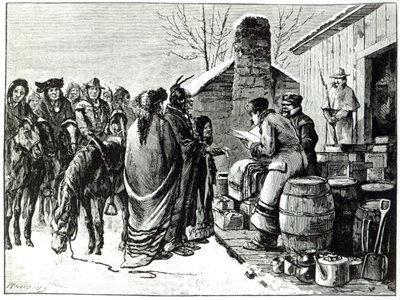 Indiáni z rezervace dostávají příděly od vládních agentů (rytina) od Paul Frenzeny