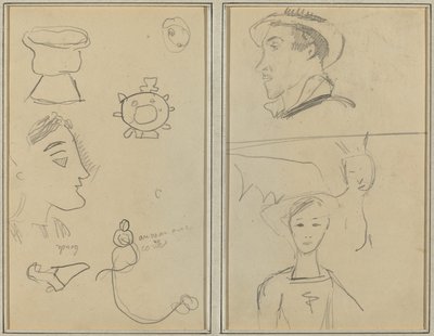 Karikatura a pět forem; Muž z profilu, okřídlené stvoření a chlapec [verso] od Paul Gauguin