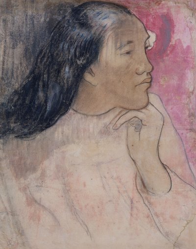 Tahiťanka s květinou ve vlasech, 1891-92 (uhel, pastel a wash) od Paul Gauguin