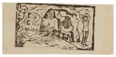 Busta nahé ženy a tříčtvrteční postava muže s bílou čepicí z profilu, třetí malá postava zcela vpravo, čelenka pro Le sourire od Paul Gauguin