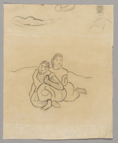 Fragmenty těl, dekorativní design a dvě přikrčené tahitské ženy v krajině související s Nafea Faaipoipo od Paul Gauguin