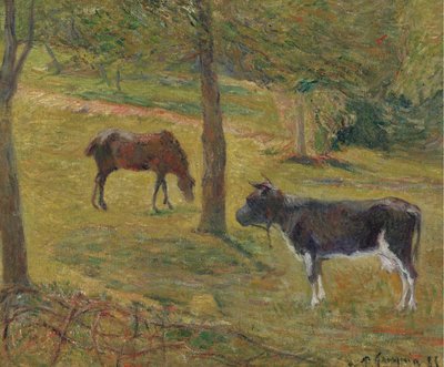 Francouzsky: Vache et cheval dans un pré Kráva a kůň na louce od Paul Gauguin