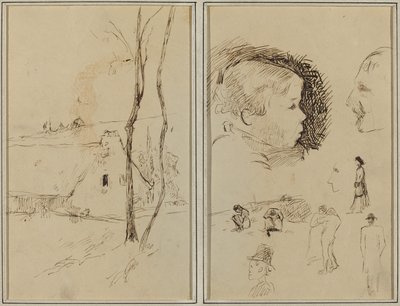 Krajina s chalupou; Profil chlapce, Profil muže, Dvě ženy v krajině a pět dalších studií [verso] od Paul Gauguin