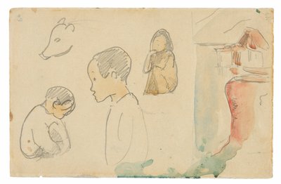 Náčrtky krčících se a stojících postav, prasete a chýše na okraji vody od Paul Gauguin