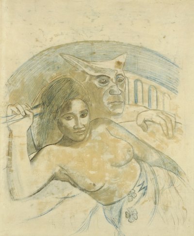 Tahitská žena se zlým duchem od Paul Gauguin