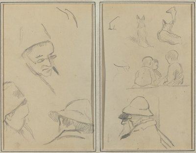 Tři studie mužských hlav, jedna s brýlemi; Psi, děti a dva vousatí muži v profilu [verso] od Paul Gauguin