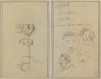 Dvě figury a lavice; Tři studie mužských hlav a jedné ruky [recto] od Paul Gauguin