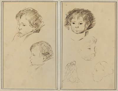 Dvě studie dětské hlavy; Dvě studie hlavy dítěte, ženy v profilu a muže zápasícího se zvířetem [recto] od Paul Gauguin
