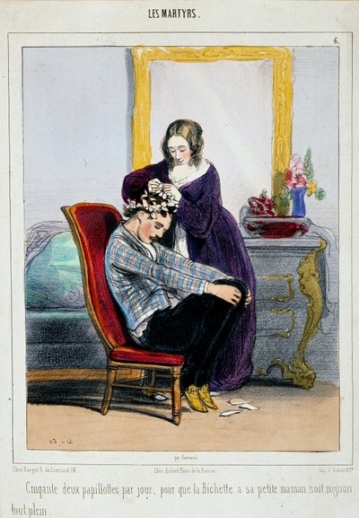 Matka nasazuje svému synovi natáčky. Kreslený film Paula Gavarniho (1804-1866) Paříž 19. století, dekorativní umění od Paul Gavarni